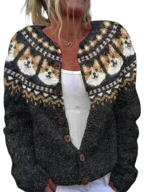 Women’s Gray Fair Isle Corgi Dog Print Knit Button Cardigan Sweater